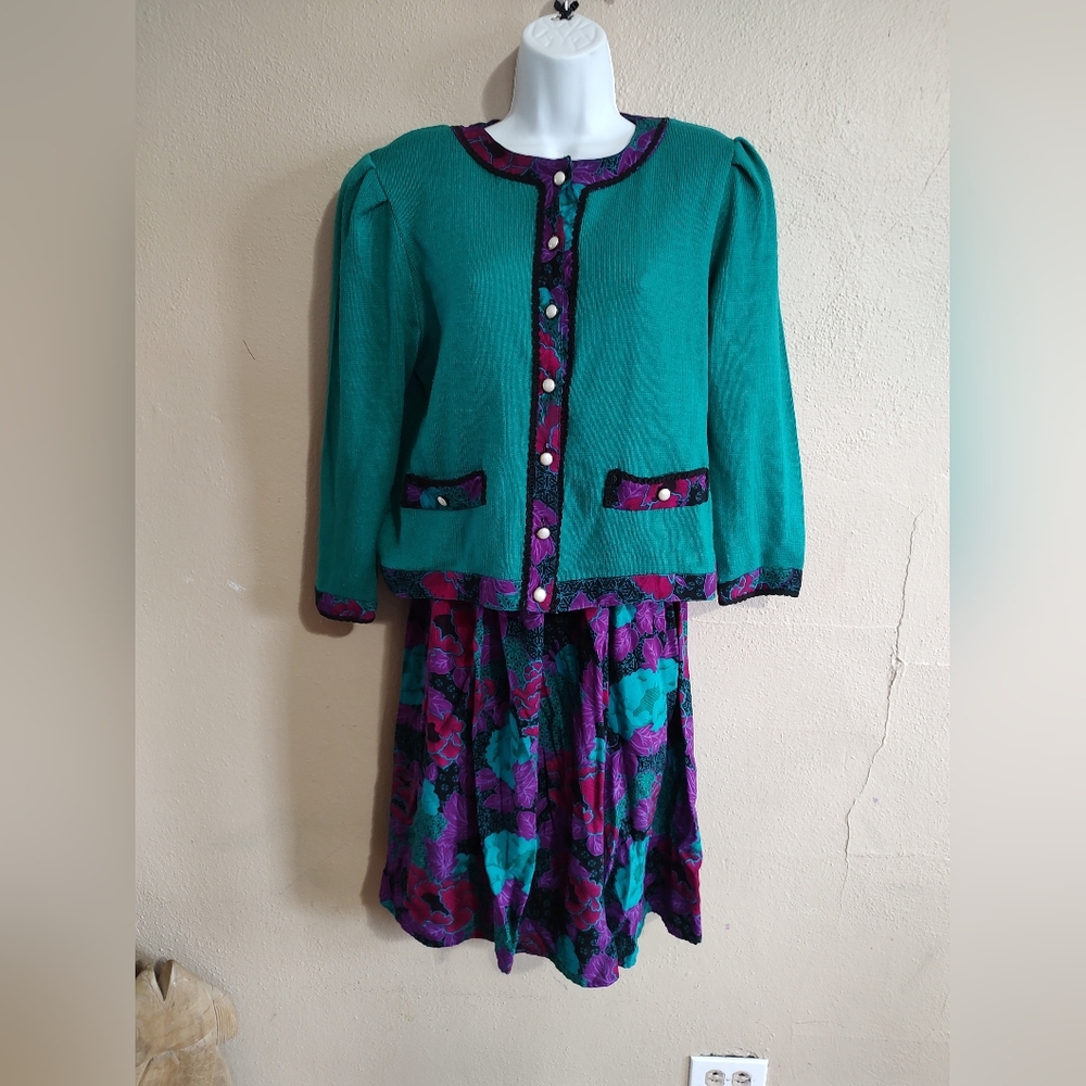 Vintage 1980's Cardigan Sweater Skirt Set Teal Vibrant Floral SZ Small Medium P